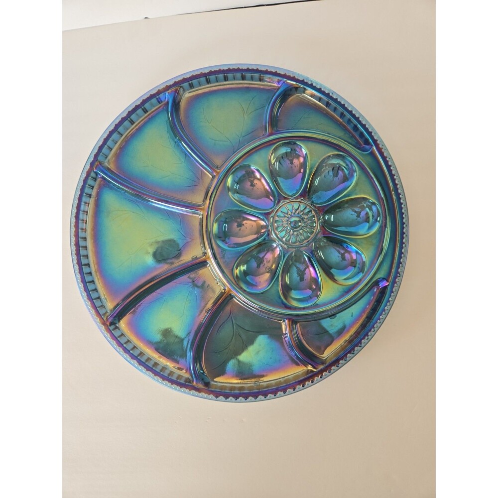 VTG Indiana Carnival Glass Plate Blue Iridescent Deviled Egg Relish Tray 13 Inch